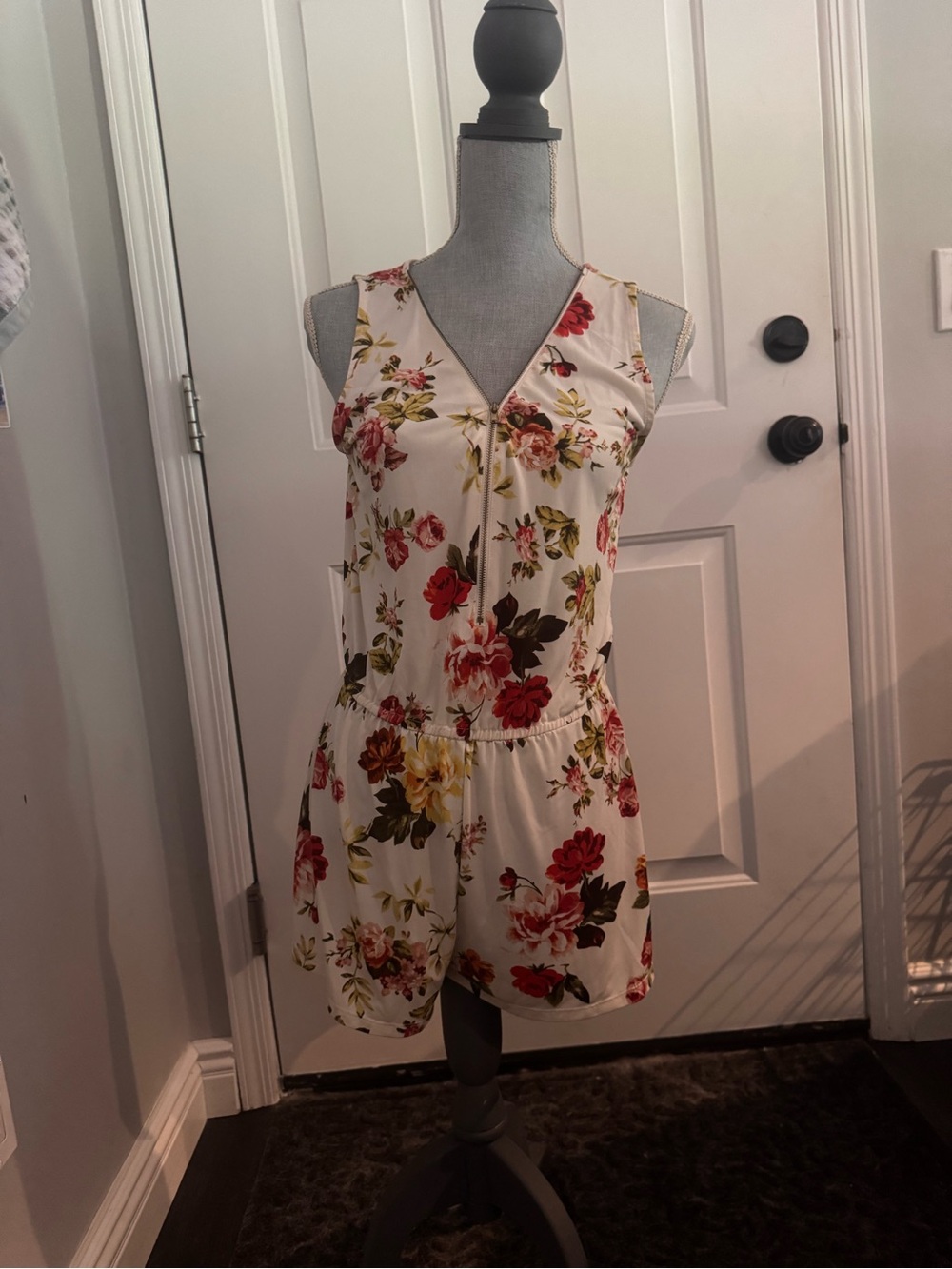 V-Neck Romper with Red, Yellow & Green Floral
